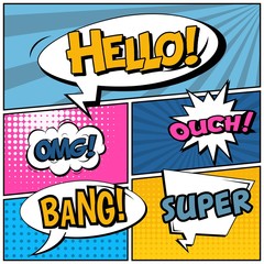 Abstract creative concept vector comic pop art style blank, layout template with clouds beams and isolated dots background. For sale banner, empty speech bubble set, illustration halftone book design.