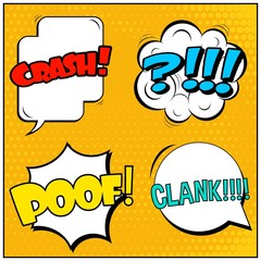 Abstract creative concept vector comic pop art style blank, layout template with clouds beams and isolated dots background. For sale banner, empty speech bubble set, illustration halftone book design.