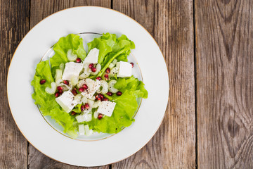 Green salad with goat cheese and pomegranate on a background of 