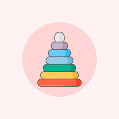 Simple vector icon for ring stacker in rainbow color on pink background. Flat style.
