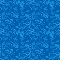 Seamless vector pattern with sauna wooden scoop, bucket and hat on dark blue background.
