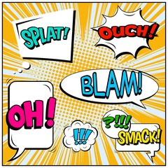 Fototapeta premium Abstract creative concept vector comic pop art style blank, layout template with clouds beams and isolated dots background. For sale banner, empty speech bubble set, illustration halftone book design.