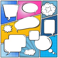 Abstract creative concept vector comic pop art style blank, layout template with clouds beams and isolated dots background. For sale banner, empty speech bubble set, illustration halftone book design.