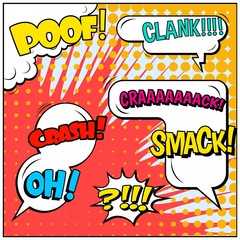 Abstract creative concept vector comic pop art style blank, layout template with clouds beams and isolated dots background. For sale banner, empty speech bubble set, illustration halftone book design.