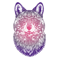Ornamental Lilac Tattoo Wolf Head. Highly Detailed Abstract Hand Drawn Style