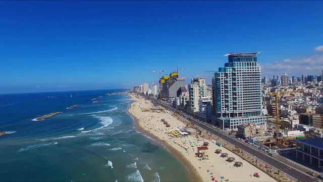 Tel Aviv Coastline, Moving in from the mediterranean sea - Aerial footage