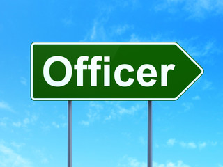 Law concept: Officer on road sign background