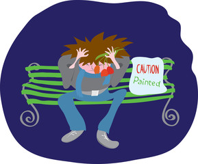 force majeure on a date/ People sat down on a freshly painted bench and distressed