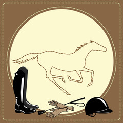 Equine riding tack tools in the leather frame and galloping horse. Horse sport riding gear. Boots, whip, helmet, gloves. Cartoon hand drawing vector background.  