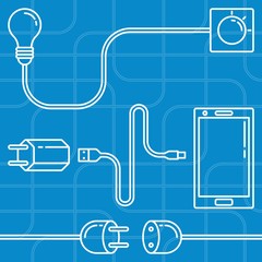 Electric devices set. Line art mobile phone, charger, power outlet, lamp bulb