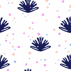 Hand painted seamless pattern with brush strokes in indigo blue, pink, peach and light blue.