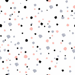 Abstract seamless pattern with spots in gray, pastel pink and black on white background.