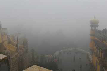 Pena Palace on a foggy and rainy day, Sintra, Portugal