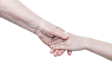 Handshake between grandmother hand and arm granddaughter isolated on white background