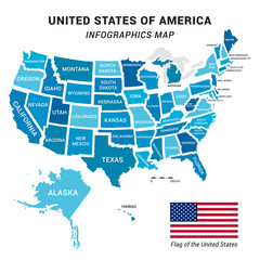 USA map with federal states including Alaska and Hawaii. United States vector map with American flag ready for your infographics. Easy editable flat design US map with data in layers. - obrazy, fototapety, plakaty