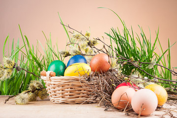 Colorful Easter eggs in a basket