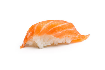 Sushi with raw salmon on a white background. Not isolated.