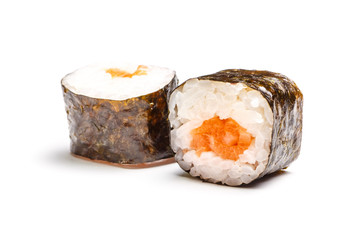 Rolls with salmon on white background. Not isolated.