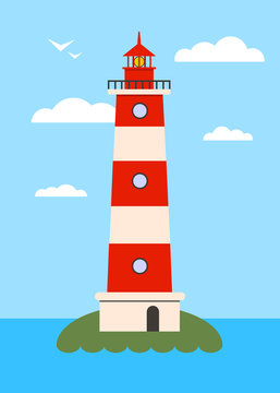 Lighthouse on Island with Navigation Light . Vector Illustration