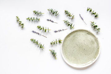 trendy breakfast design with lavander and eucalyptus top view mock-up