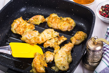Chicken fillet slices on grill pan