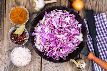 Red Chinese cabbage in pan