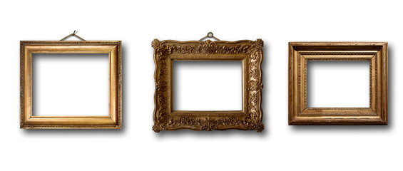 Set of picture gold wooden frame on isolated background