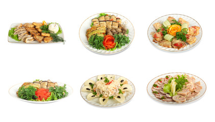 Set of festive meals of meat and vegetables  isolated