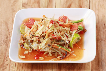 SOM TUM,Thai foods or papaya salad in spicy taste and is popular in Thailand.