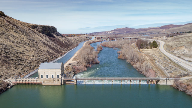 Unique view of the Diversion Dam on the Boise River High water