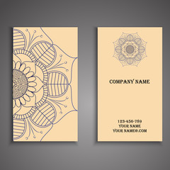 Visiting card and business card set with mandala design element logo. Abstract oriental Layout. Front page and back page