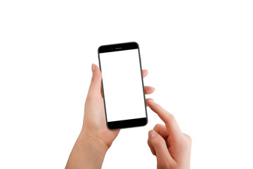 Isolated modern phone in female hand. Female touching screen with finger