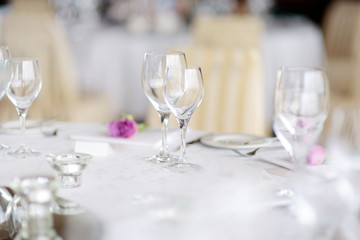 Beautiful table setting with crockery and flowers for a party, wedding reception or other festive event