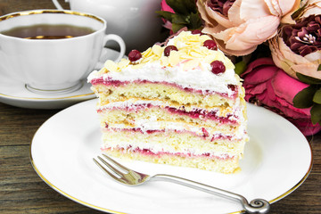 Piece of sponge cake with berries and cream