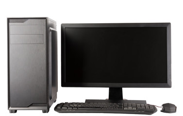 Fototapeta premium Midi tower computer case with led monitor on white background.
