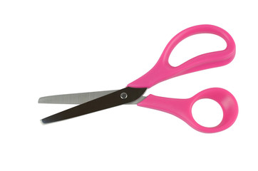 Scissors with pink plastic handel isolated on white background