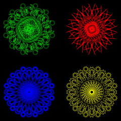 Set of patterns for napkins. Geometric symmetrical circular patterns in bright colors
