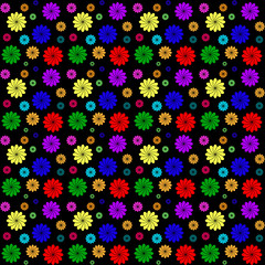 Black background with bright colors. Bright background for fabric or paper design of flowers
