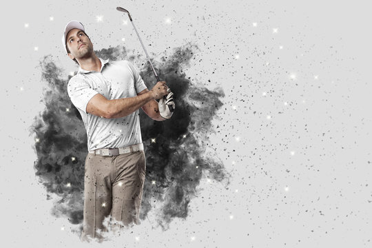 Golf Player coming out of a blast of smoke