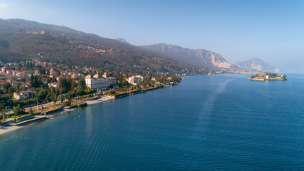 Naklejka na ściany i meble Aerial photography with drone over Stresa and its islands on lake Maggiore, Italy.