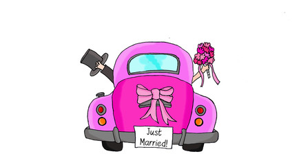 Just Married - Couple in pink car