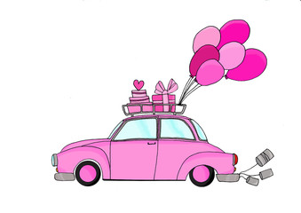 Just Married - pink car and balloons
