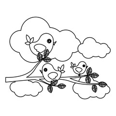 silhouette cloudscape with birds on branch with leaves vector illustration