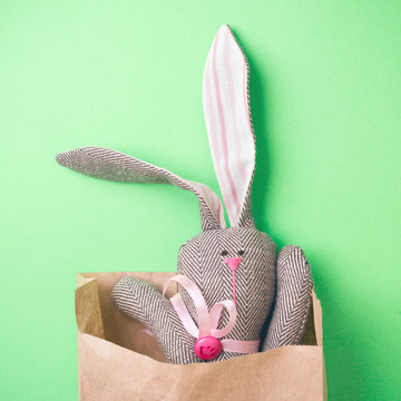 Easter bunny in a paper bag. Green background. Easter ideas. Easter eggs. Space for text.