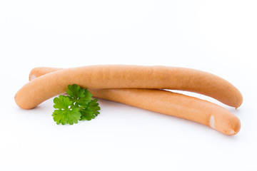 Wiener sausages on the white background.