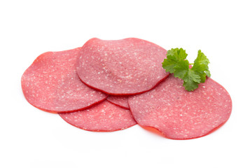 Salami smoked sausage one slice isolated on white background cutout.