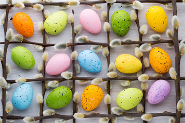 Easter and spring decoration, catkins and eggs.