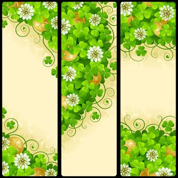 Set of Patrick's Day Vertical Banners. Festive Frames with Green Shamrock, Flowers of Clover and Leprechaun Gold. Vector Illustration