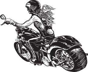 Obraz premium An woman riding motorcycle. An hand drawn vector. Freehand drawing on white, isolated.