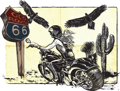 Fototapeta An woman from behind riding motorcycle, chopper bike on the route 66. Freehand drawing, vector sketch. NOTE - this illustration have not photo oportunity, woman is also not real person.